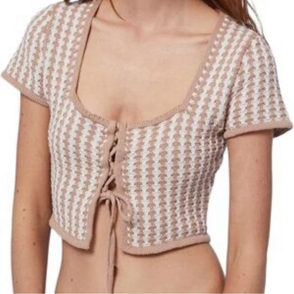 Blue Rain Brown and White 100% Cotton Lace Up Boho Hippie Knit Crop Top Small